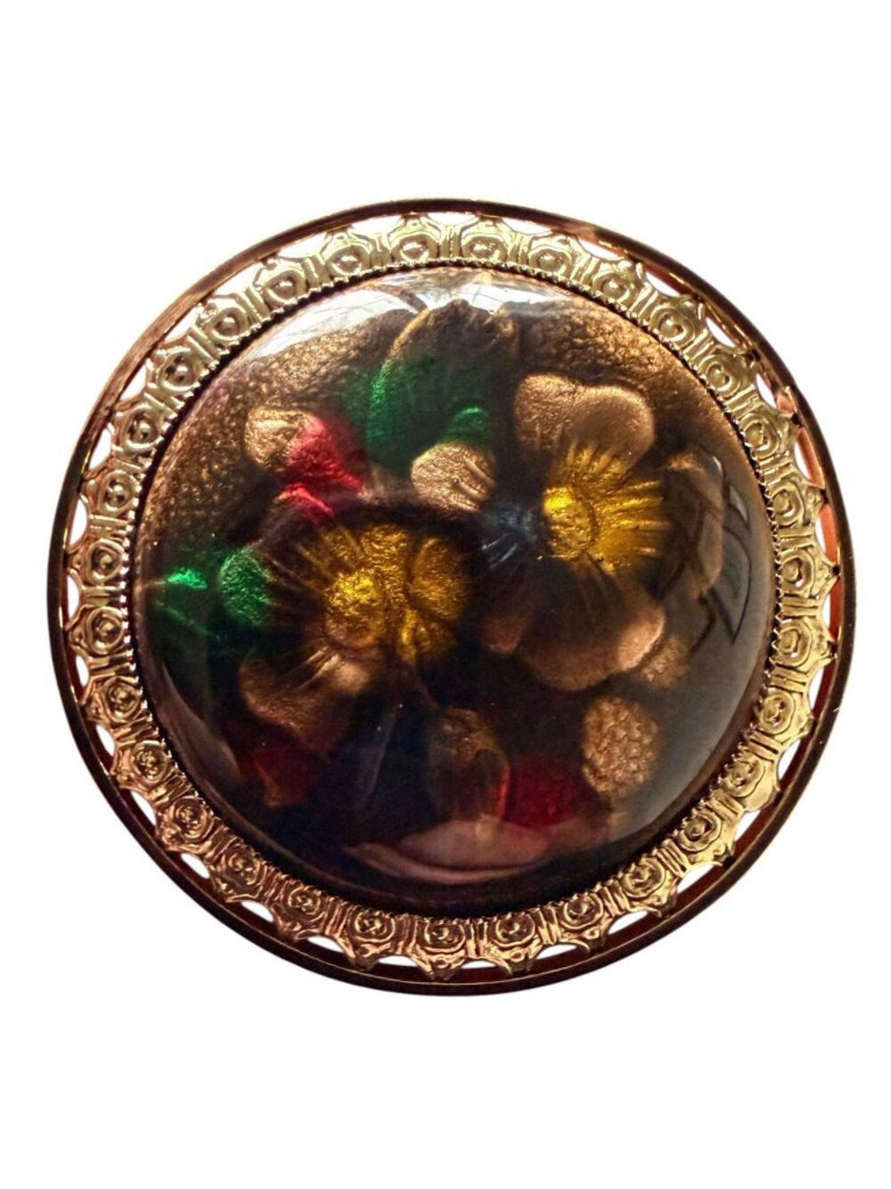 Vintage Reverse Carved Lucite Brooch Gold Tone Floral Pin 1950s New Old Stock